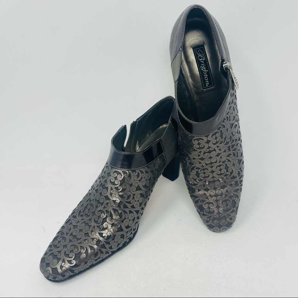 Brighton Rhythm Metallic Pewter Laser Cut Leather Heeled Shoe 11M NEW